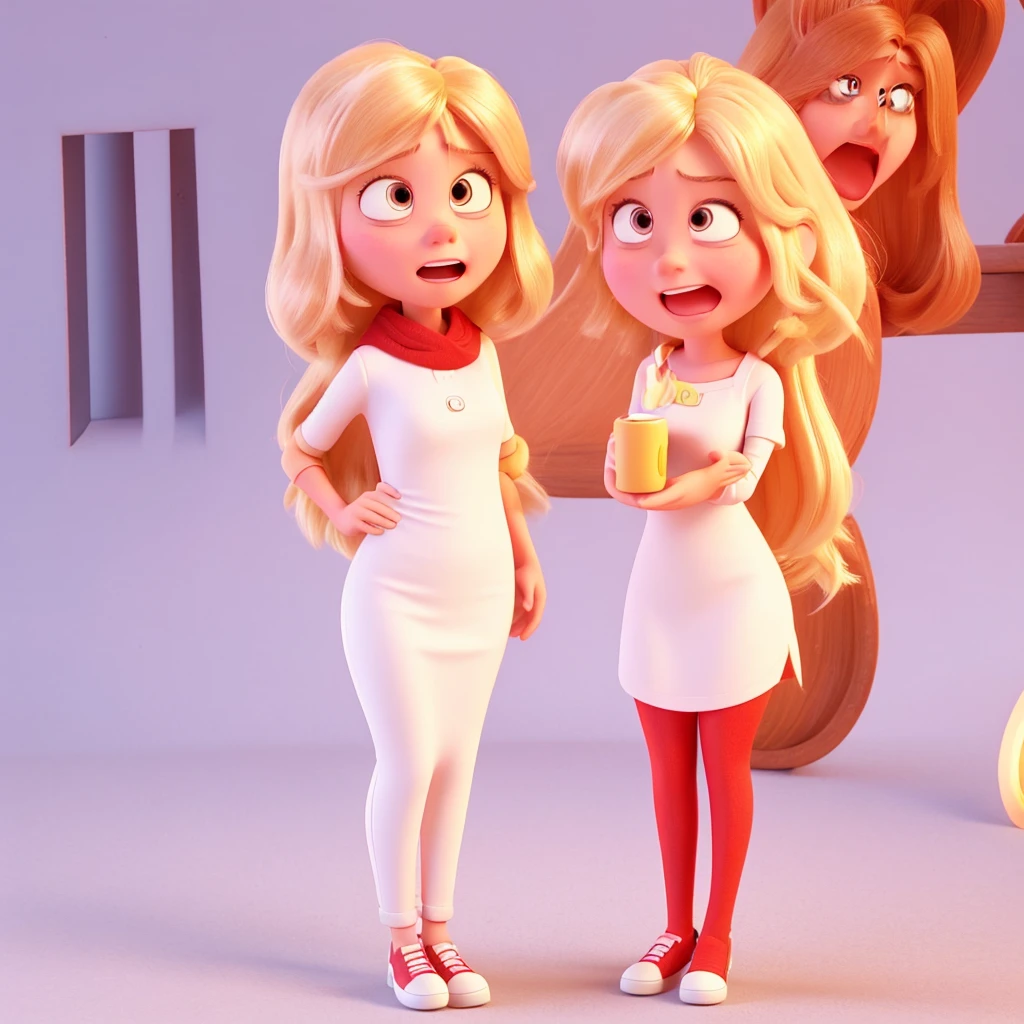 You work at PIXAR and here you will help me create characters for the film "Inside Out". The character must be: Gender: female hair: blonde and long height: Low Accessories: Emotion mug: anger Character color: red Background color: WHITE Make the character as similar to the film animation style as possible It should not be a 2D drawing