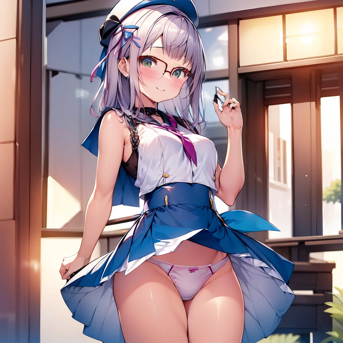 8K、masterpiece、Japanese、Woman wearing glasses、Neon(nod)、from the front、smile、Childish、Small breasts、See-through underwear、night、Bedroom、Show your underwear、mini skirt