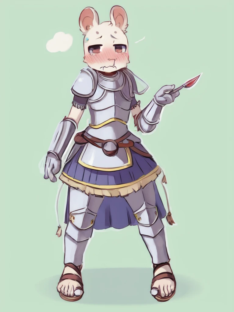 cute, shy, wearing full body plate armor, gladiator skirt, gladiator sandals, humanoid feet, holding a spear, nosebleed,bloody nose