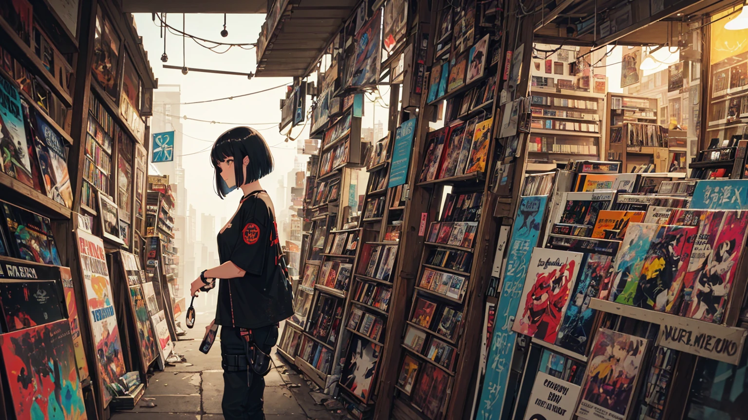 A very detailed beautiful woman, Perfect face,Black Hair, bob cut,Bangs, Gray eyes, Top of crop, Short sleeve, Super detailed, Retro Wave, Cyberpunk, night light through the window, night vibes, Room, 2d, (long shot), Depth of Field, Super detailed, (((Unattended))), (((Record store))), Nostalgia, panoramic, Long Shot, (((records on bookshelf.))), (((Various angles))), (((cyberpunk))), (((neon))),(((Front view))),(((night))), (((straight on))), (((Large windows))), vinyl plastic record shop, (masterpiece, best quality, best quality, Official Art, beautiful and aesthetic: 1.2), Old anime texture, Solitary, Cyberpunk, vinyl plastic, night