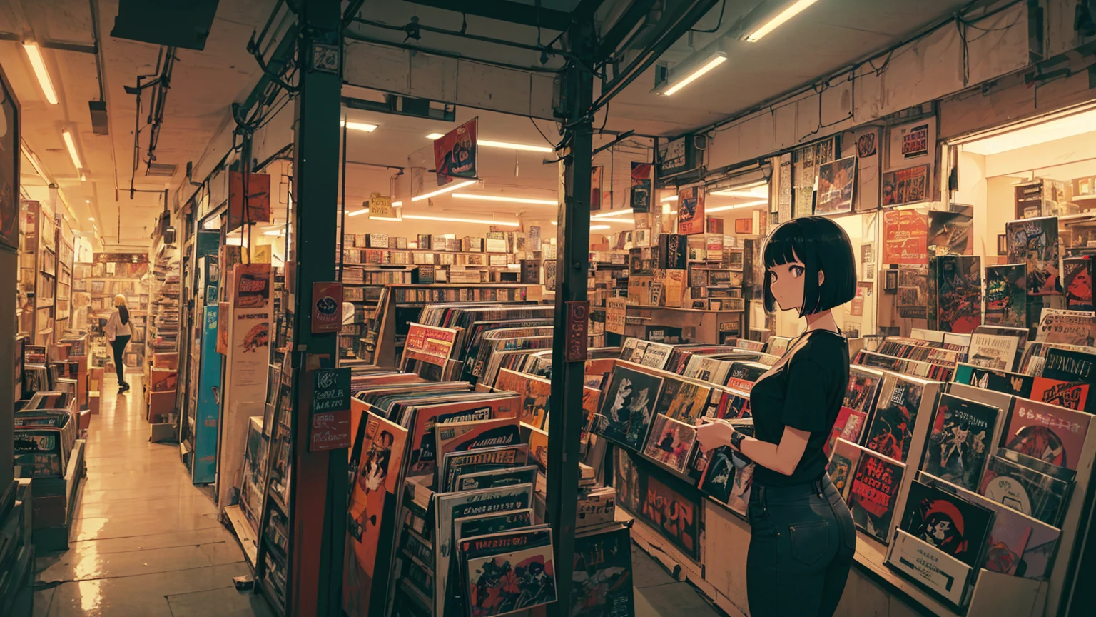 A very detailed beautiful woman, Perfect face,Black Hair, bob cut,Bangs, Gray eyes, Top of crop, Short sleeve, Super detailed, Retro Wave, Cyberpunk, night light through the window, night vibes, Room, 2d, (long shot), Depth of Field, Super detailed, (((Unattended))), (((Record store))), Nostalgia, panoramic, Long Shot, (((records on bookshelf.))), (((Various angles))), (((cyberpunk))), (((neon))),(((Front view))),(((night))), (((straight on))), (((Large windows))), vinyl plastic record shop, (masterpiece, best quality, best quality, Official Art, beautiful and aesthetic: 1.2), Old anime texture, Solitary, Cyberpunk, vinyl plastic, night