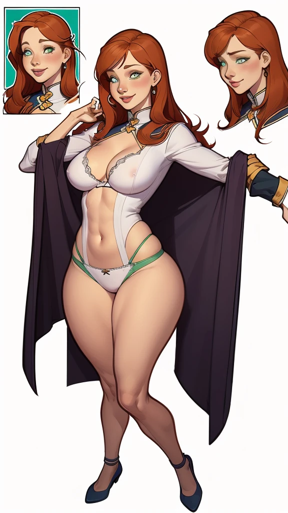 (cartoon style:1.2), Drawings of (Ginevra Molly Weasley), ssmile, perfect green eyes, face detailed, White background, fun pose, seducing gaze,Full body wearing the Sanserina uniform, beautiful medium breasts and wonderful body cartoon style digital illustration. wearing panties