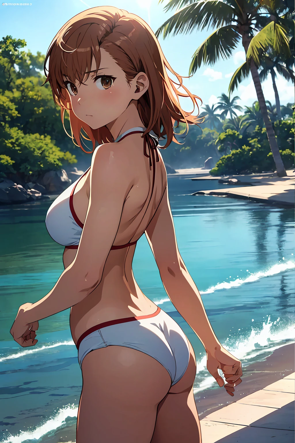 (Highest quality:1.5, High resolution, 超High resolution, 4K, Detailed lighting, Shaders), NSFW Misaka Mikoto, Solo Shorthair Brown Hair Brown eyes Cool face ((Tong Bikini))++ Rash guard Realistic sun rays Beautiful beaches Super fatty muscle Muscular Beautiful ass Beautiful back Sweat Side angle