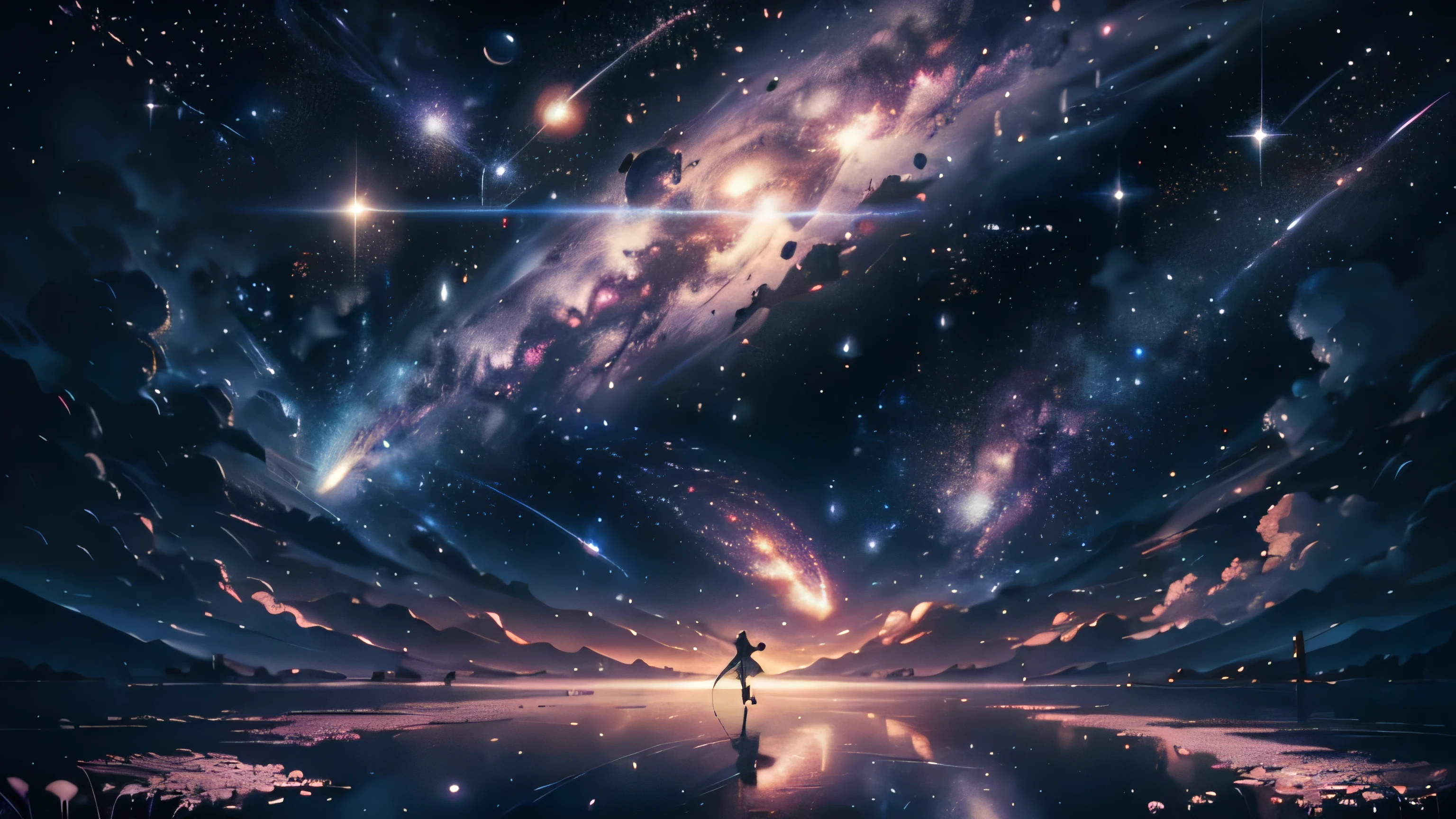 masterpiece、Concept Art、panorama、central、figure、Wide Shot、Flower Garden、night、(Meteor)、Space galaxy background、(A magnificent composition、epic proportion)、Dynamic lighting、Bright colors、cherry blossoms、One girl、