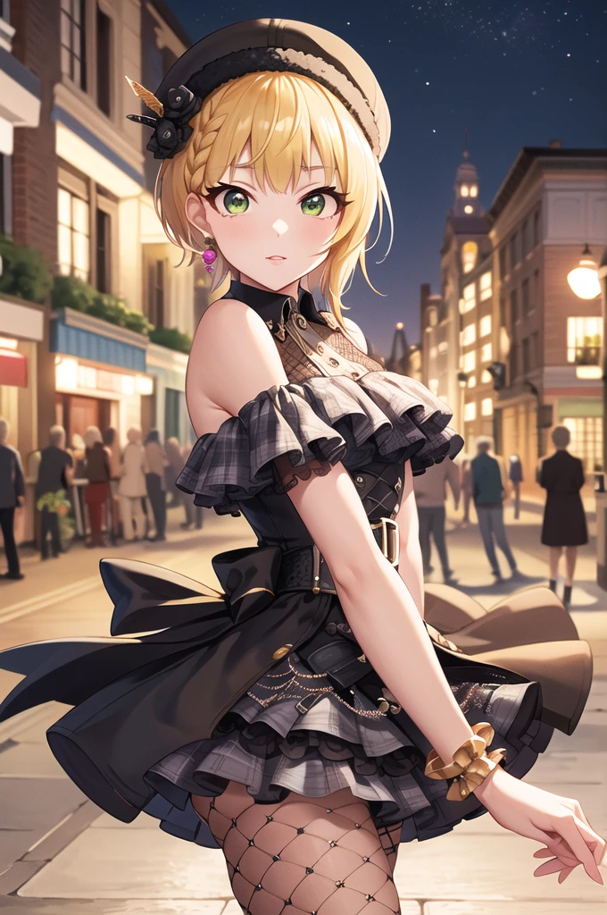 masterpiece, Highest quality, High resolution, Humphrey, Blonde, Braiding, beret, Black Hat, Earrings, Bracelet, Plaid, Bare shoulders, Black Bow, Black Dress, Wrist cuff, bracelet, belt, Fishnet tights, Idolmaster Cinderella Girls, night, city, street, Are standing, Cowboy Shot, Arms at your sides, Straight,