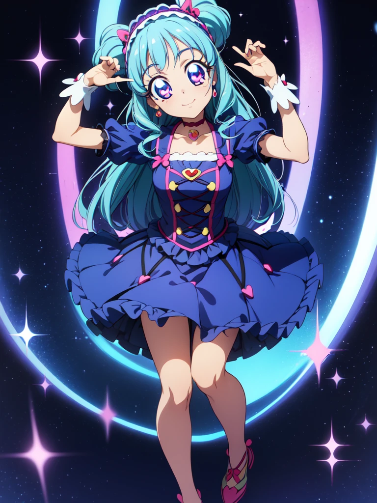 ((Highest quality)), ((masterpiece)), (be familiar with), 3d, Perfect Face, Big eyes, Drooping eyes, eyelash, The sparkling light of the eyes, (precure), (Aikatsu!), idol magical girl, lolita fashion, (mini skirt), big breasts, shy smile, closed mouth