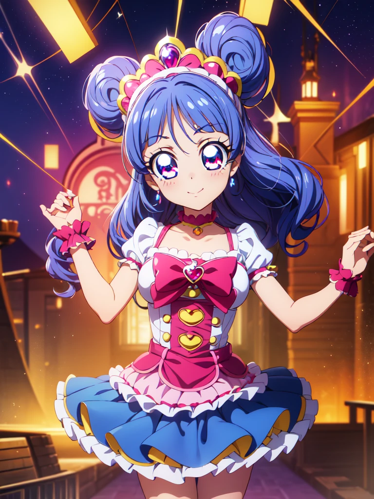 ((Highest quality)), ((masterpiece)), (be familiar with), 3d, Perfect Face, Big eyes, Drooping eyes, eyelash, The sparkling light of the eyes, (precure), (Aikatsu!), idol magical girl, lolita fashion, (mini skirt), big breasts, shy smile, closed mouth