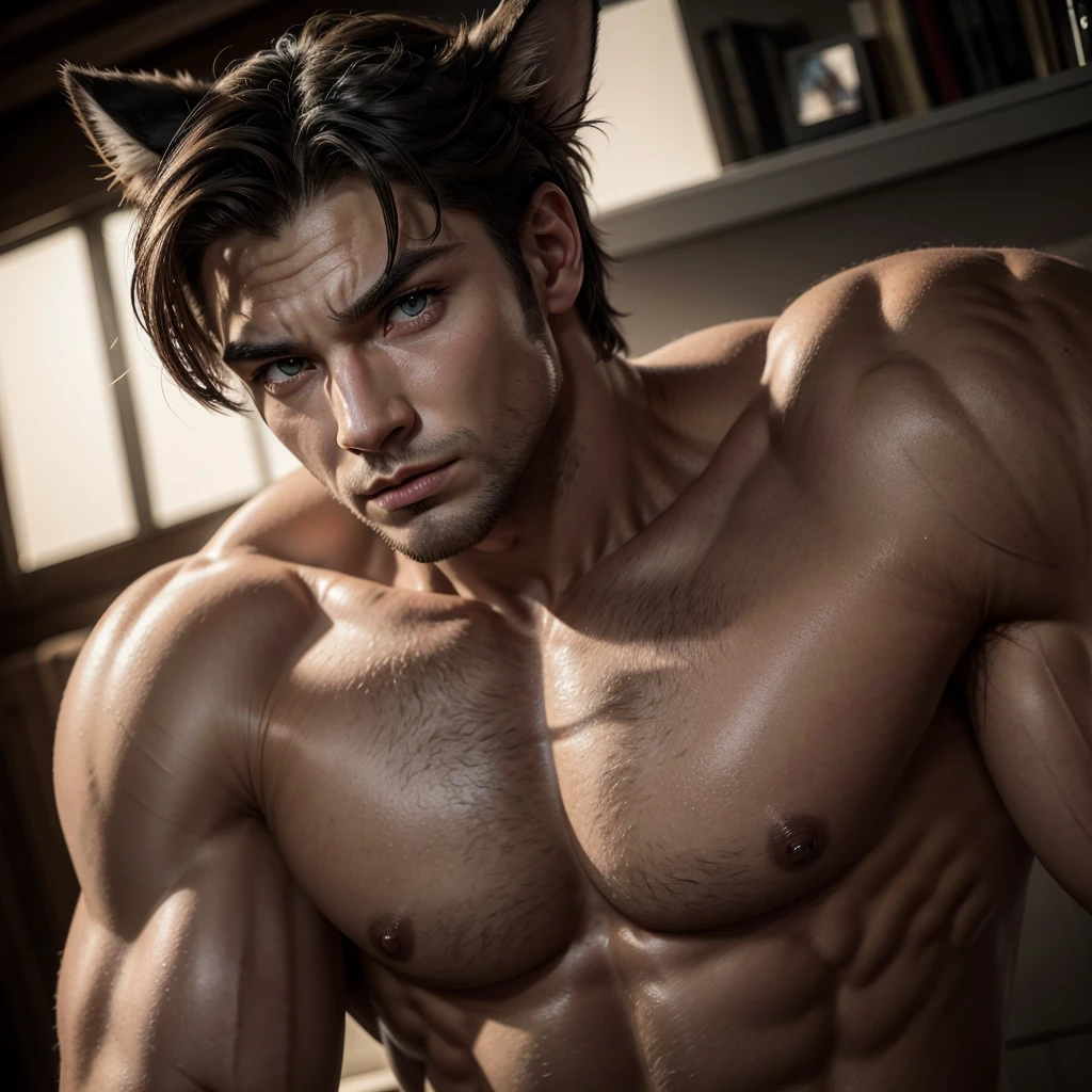 a muscular, furry cat man, detailed face, beautiful eyes, detailed fur, smooth skin, athletic body, dramatic lighting, cinematic composition, highly detailed, photorealistic, 8k, masterpiece
