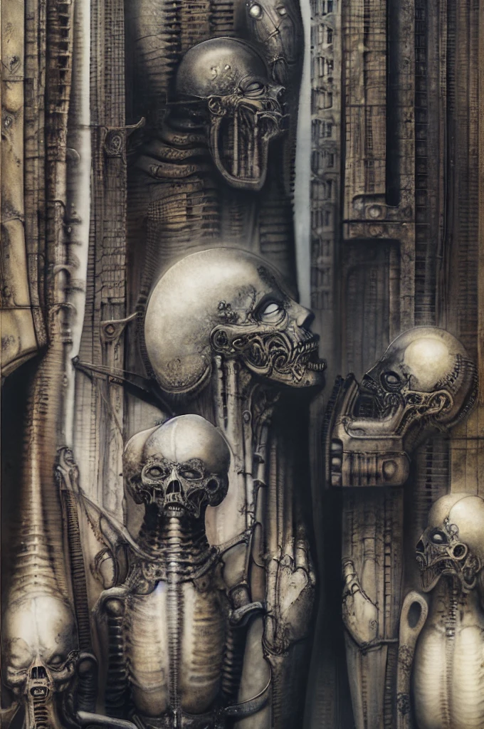 Giger_style, The image is a detailed view of H.R. Giger's \" chakhmate \" plate, 

Create biomechanical tableau in h r giger's style. It is called “Schachmatt” (Checkmate) by H. R. Giger and was created in 1979.
The tableau depicts a nightmarish Thanksgiving dinner scene. A skeletal family sits around a table overflowing with grotesque food items. The skeletal figures are all different shapes and sizes, and they are posed in a way that suggests tension and unease. The table is made of bone, and the chairs are made of twisted metal. The food on the table includes rotting flesh, bones, and other disturbing items

The painting is a nightmarish biomechanical scene. In the center of the composition is a chessboard with several chess pieces scattered around it. The background is filled with industrial pipes and tubes. The overall feel is one of decay and desolation.
Giger’s signature artistic style, biomechanical surrealism, is on full display in this piece. Biomechanical surrealism combines human anatomy with machines. The skeletal figures in the painting are fused with mechanical parts, creating a disturbing and unsettling effect.
Here’s a more detailed description of the composition:
In the center foreground is a metallic chessboard with several metallic chess pieces scattered around it.
To the right of the chessboard is a skeletal figure hunched over tribune. 
The art performance showcases the artist’s skills in observation and rendering. The level of detail in the piece suggests a close study of real bone specimens and anatomy. The artist has skillfully used shading techniques to create a convincing illusion of three-dimensionality on a flat surface.The wrinkles and cracks in the surface, and the cast shadows with accuracy, used shading techniques to create a realistic depiction of light and shadow on the objects. This creates a sense of depth and dimension in the image