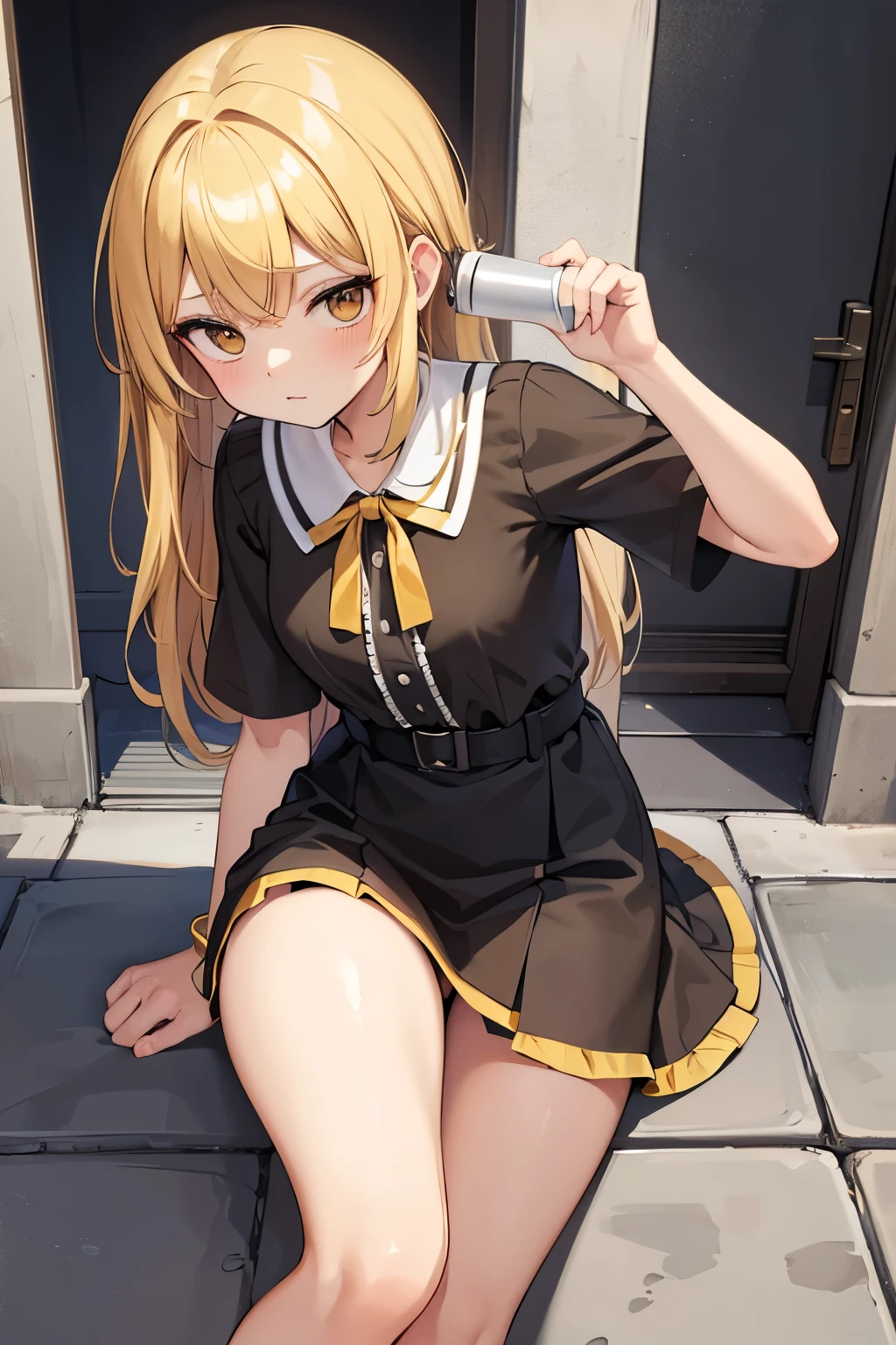 high quality art, blonde girl, Yellow hair, loose hair, Brown eyes, black choker on the neck, black boots with laces, short brown dress close to the body, long sleeve, sexy plunging neckline, leaving part of the chest exposed, leaving a clothing fitting room, standing, looking to the camera,