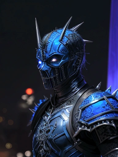  
(extremely detailed 8k wallpaper), a medium shot photo of scary  Grim dressed as a blue masked supervillain in an armour made of blue glowing wires from marvel, theme, intricate, high detail, dramatic, old scary building with metallic spikes in the background 