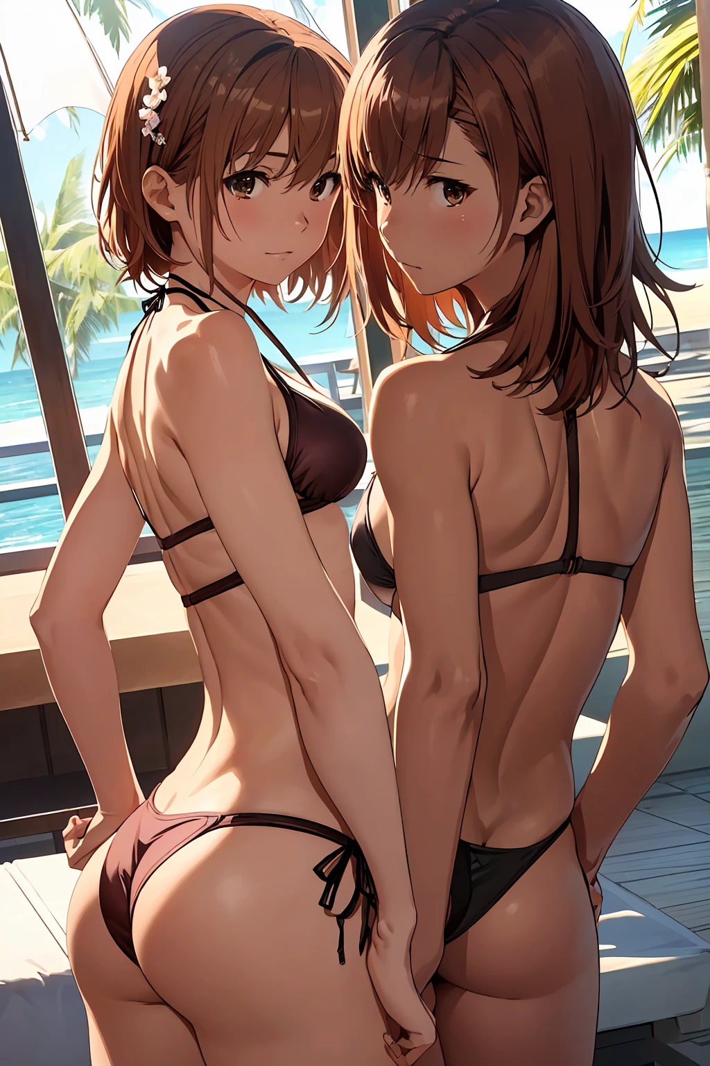 (Highest quality:1.5, High resolution, 超High resolution, 4K, Detailed lighting, Shaders), NSFW Misaka Mikoto, Solo Shorthair Brown Hair Brown eyes Cool face ((Black thong bikini))++ Rash guard Realistic sun rays Beautiful beaches Super fatty muscle Muscular Beautiful ass Beautiful back Sweat Side angle