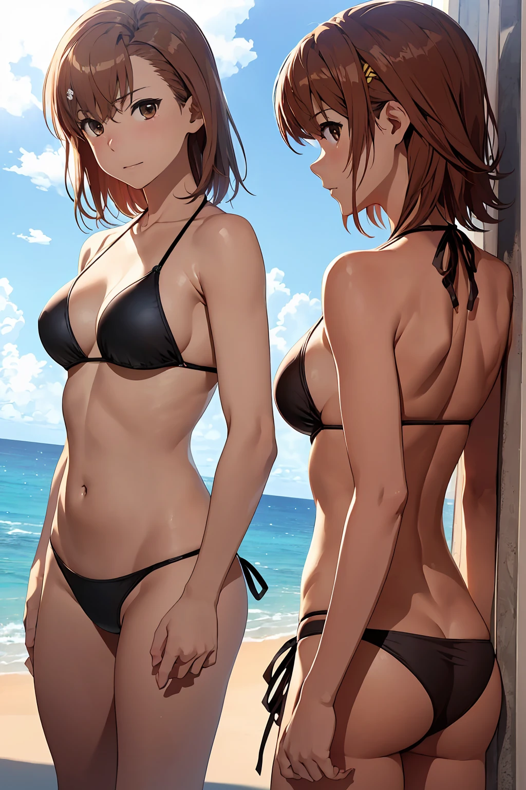 (Highest quality:1.5, High resolution, 超High resolution, 4K, Detailed lighting, Shaders), NSFW Misaka Mikoto,　Solo Shorthair　Brown Hair　Brown eyes　Cool face　　((Black thong bikini))++　Rash guard　Realistic sun rays　 Beautiful beaches　Super fatty muscle　Muscular　Beautiful ass　Beautiful back　Sweat　Side angle