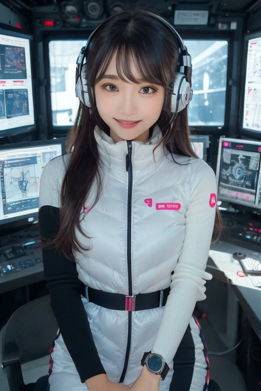 masterpiece, Highest quality, Very detailed, 8K Portrait,Japanese Android Girl,plump , Control panel,Robotic arms and legs, Blunt bangs,,break (Metallic Gray, Metallic luster, Mirror finish, Astro Best):5,headphone:5,break (Black sleeves):100,Smart Watches,Futuristic space station,Control Room,break headphone,blue eyes,(Black Hair):2,(Long Hair):1.3,Displaying the viewer,(respirator),break blush:3,Hidden Hand,smile