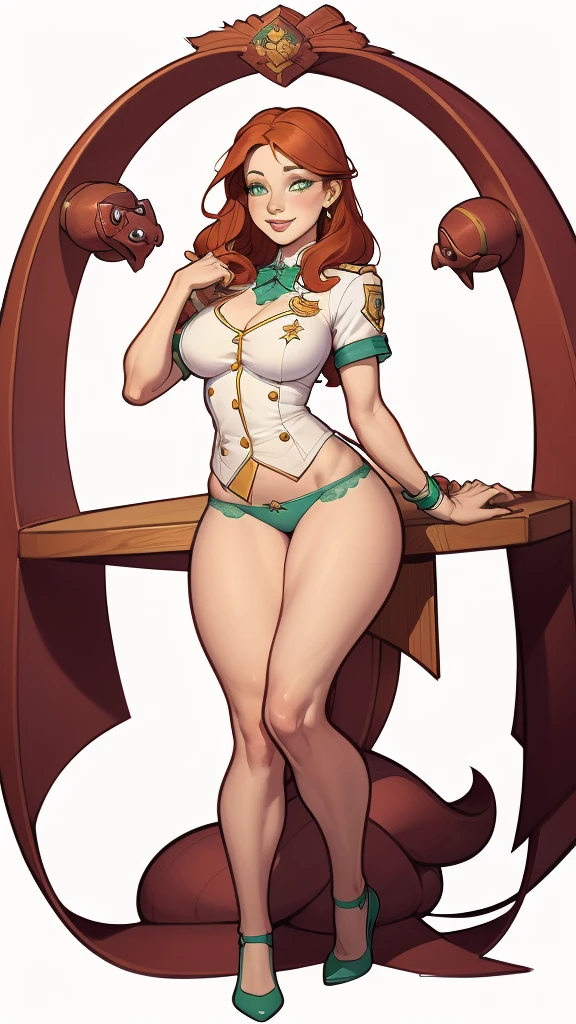 (cartoon style:1.2), Drawings of (Ginevra Molly Weasley), ssmile, perfect green eyes, face detailed, White background, fun pose, seducing gaze,Full body wearing the Sanserina uniform, beautiful medium breasts and wonderful body cartoon style digital illustration. wearing panties