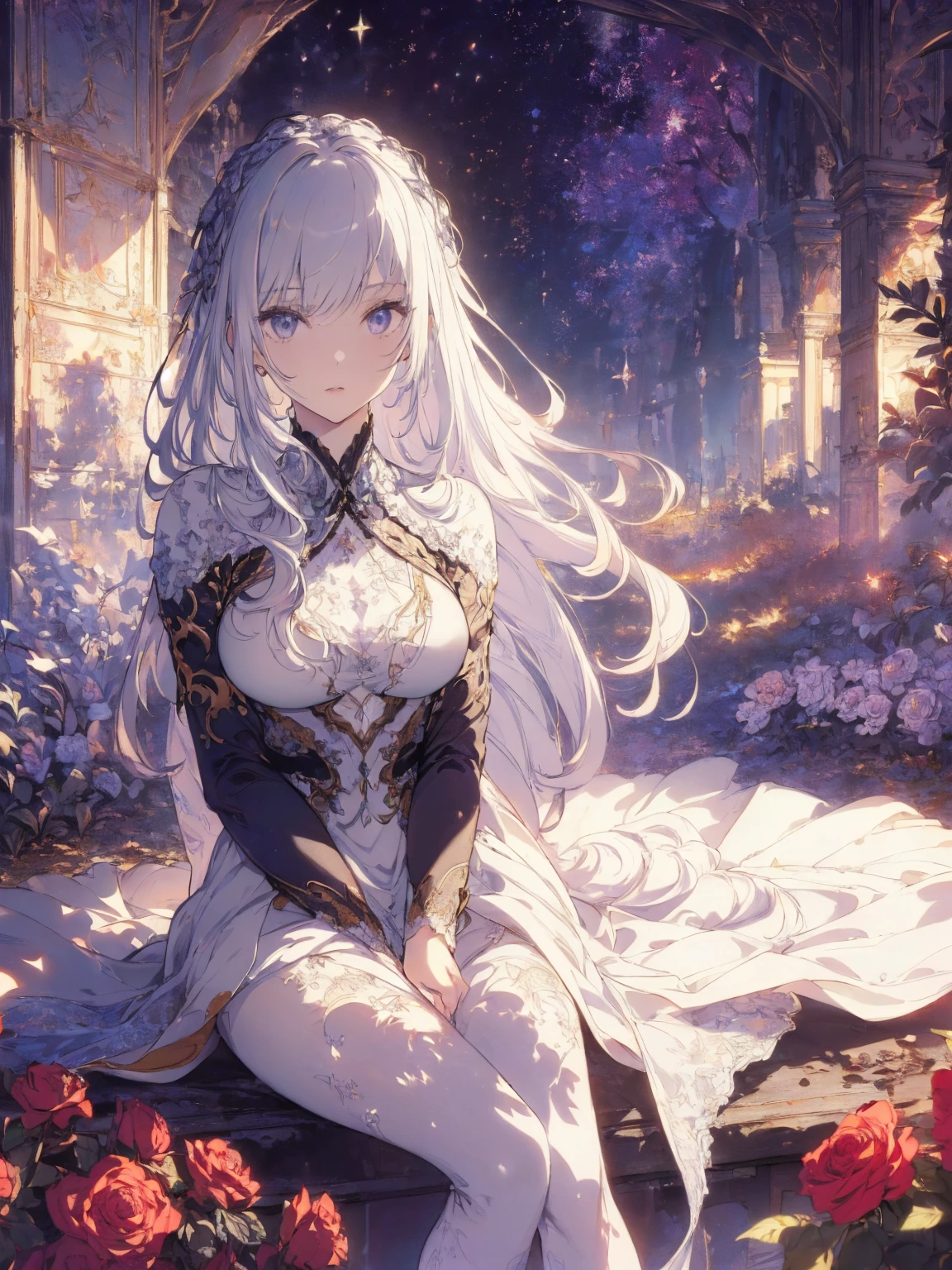 (Landscape photo, with a woman in the bottom right of photo:1.5, in white garden:1.5), Masterpiece, best quality, (very detailed CG unity 8k wallpaper), (best quality), High definition RAW color art, Animation,sculptures, (black Marble Skin), (((Ultra detailed elegant))), Magical atmosphere, Detailed skin, Texture,(Intricately detailed, Fine detail, ultra-detail art), depth of fields, Bokeh, Silky Touch, Hyper Detail, beautiful eyes, elegant face, (girl focus:1.3, sitting), sparkle background, enormous breast:1.3, (silver hair), pose, muscle, rose,  ドラマチックな光, pastel purple