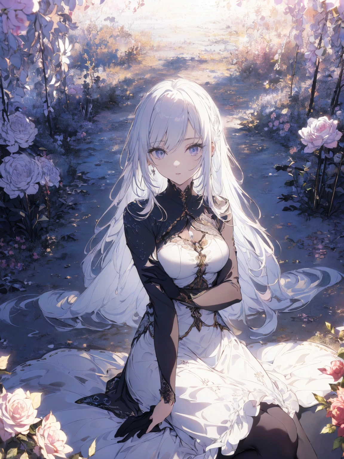 (Landscape photo, with a woman in the bottom right of photo:1.5, in white garden:1.5), Masterpiece, best quality, (very detailed CG unity 8k wallpaper), (best quality), High definition RAW color art, Animation,sculptures, (black Marble Skin), (((Ultra detailed elegant))), Magical atmosphere, Detailed skin, Texture,(Intricately detailed, Fine detail, ultra-detail art), depth of fields, Bokeh, Silky Touch, Hyper Detail, beautiful eyes, elegant face, (girl focus:1.3, sitting), sparkle background, enormous breast:1.3, (silver hair), pose, muscle, rose, ドラマチックな光, pastel purple