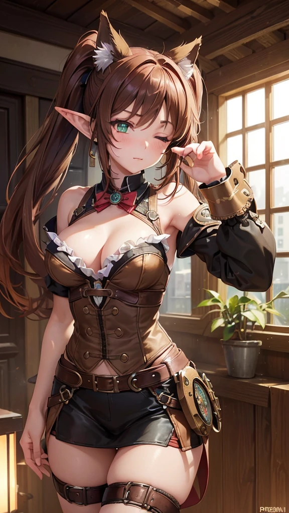 "((short steampunk corse)),((Mexicana peliroja, white skin)),((Twintail)),(1solo),(1 girl view),full_body, 1 girl view,female, young, 17 years old, (long hair), ((red-light brown hair)), snowflakesdetailed cute anime face, ((pointy_ears, seductive pose, flirty with one eye closed)), (((medium_breasts, firm breasts))), (green-brown ligth eyes), random angle)":(all realistic intricate details)