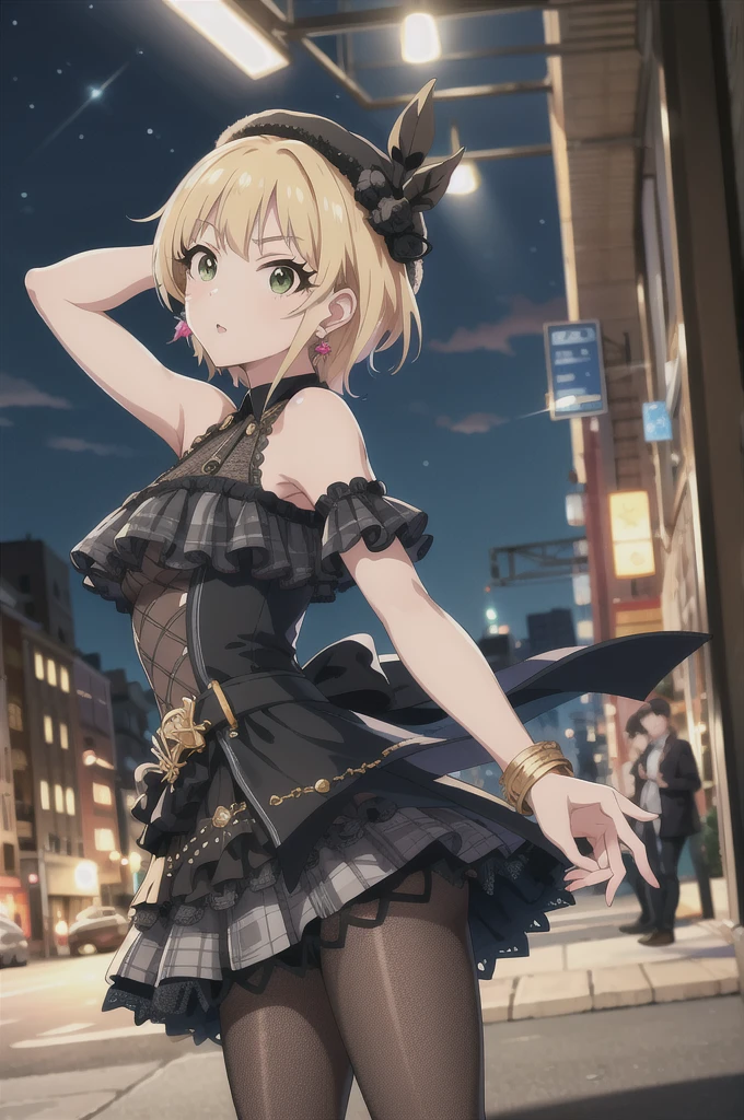 masterpiece, Highest quality, High resolution, Humphrey, Blonde, Braiding, beret, Black Hat, Earrings, Bracelet, Plaid, Bare shoulders, Black Bow, Black Dress, Wrist cuff, bracelet, belt, Fishnet tights, Idolmaster Cinderella Girls, night, city, street, Are standing, Cowboy Shot, Arms at your sides, Straight,