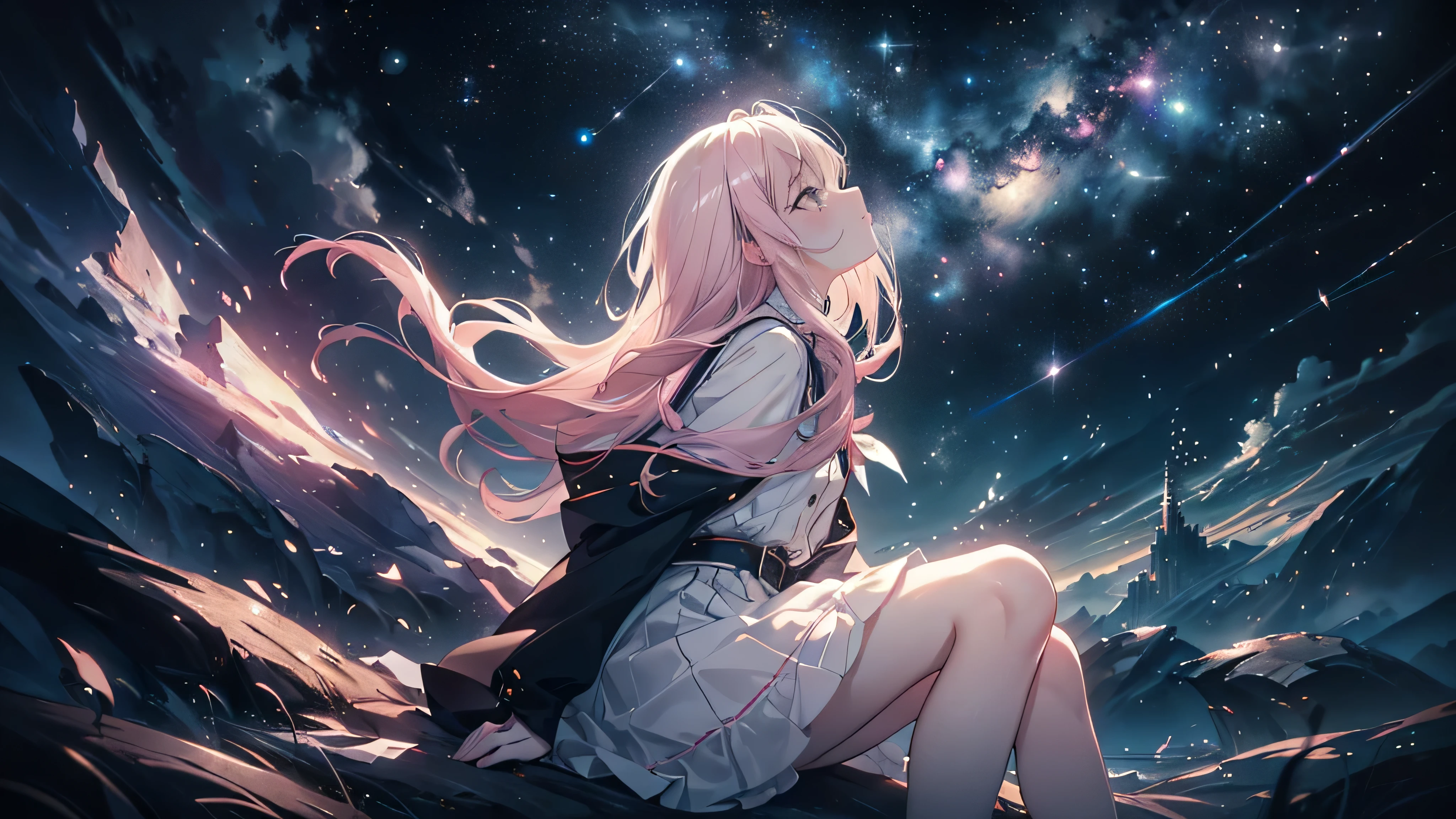 (((Highest quality、masterpiece、Ultra-fine、Ultra-fine、Exquisite、16K、Full HD,high school girl,))) 、Sitting,((Sad), (((profile,Looking up)))) 、Dark Eyes、Long eyelashes、White skin、(Pale pink lips、Pale pink cheeks、thin and long)、 ((cute)) ((One person)) 、((Glare)) 、Wide Shot、Space galaxy background、(A magnificent composition、epic proportion)、Dynamic lighting、