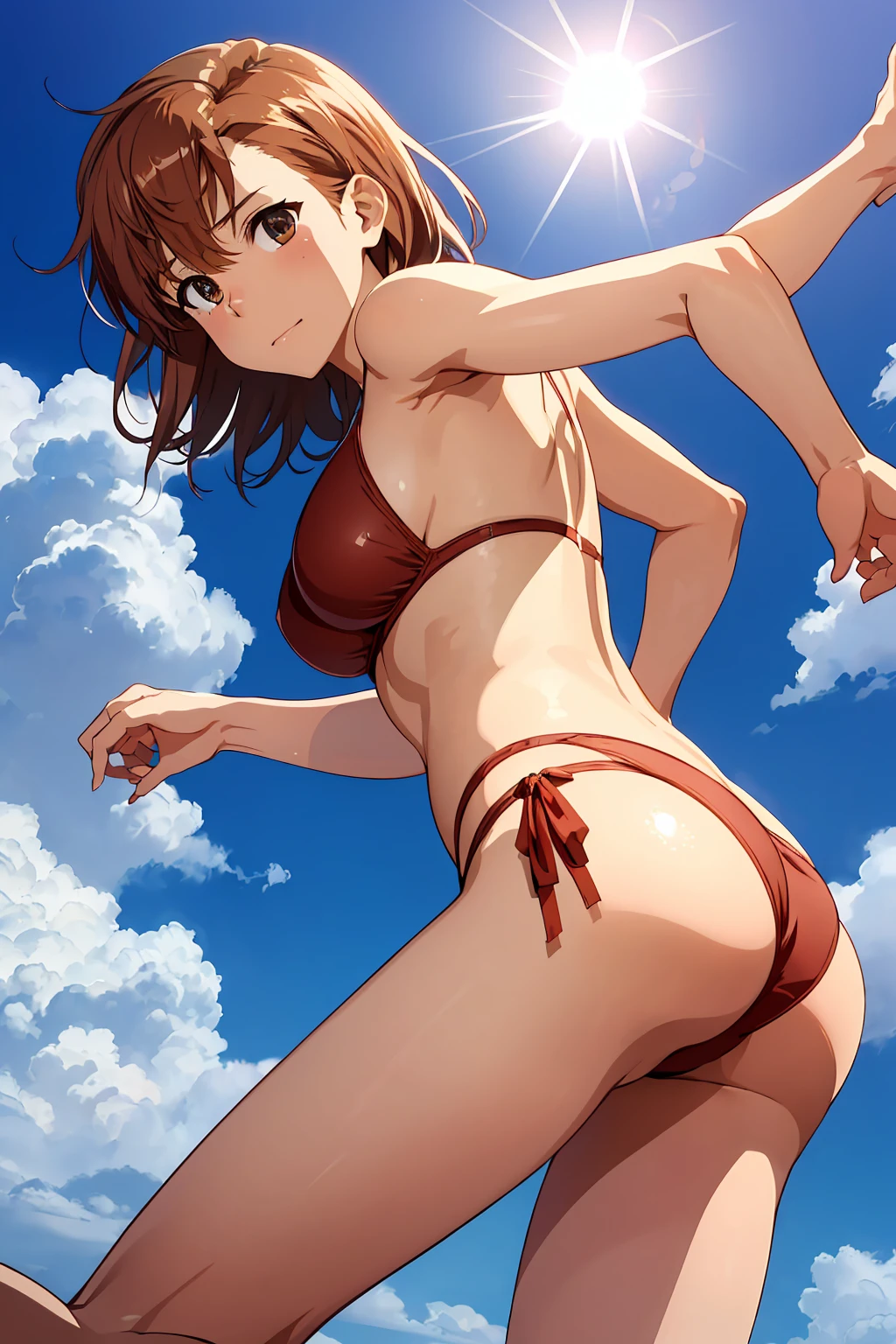 (Highest quality:1.5, High resolution, 超High resolution, 4K, Detailed lighting, Shaders), NSFW Misaka Mikoto,　Solo Shorthair　Brown Hair　Brown eyes　Cool face　　((Black thong bikini))++　　Realistic sun rays　 Beautiful beaches　Super fatty muscle　Muscular　Beautiful ass　Beautiful back　Sweat　Side angle