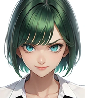 angry,angryface,big bangs,beautiful bangs,green hair,Emerald hair,short hair,short hair,bright face,upper body up,chest up,business woman,intellectual,smile,jacket,white shirt , laughter,drooling eyes, alone,Flow of hair that extends to the face,Big light blue eyes shine charmingly,green one piece,eyeliner,Shining white skin,