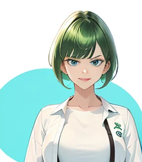 angry,angryface,big bangs,beautiful bangs,green hair,Emerald hair,short hair,short hair,bright face,upper body up,chest up,business woman,intellectual,smile,jacket,white shirt , laughter,drooling eyes, alone,Flow of hair that extends to the face,Big light blue eyes shine charmingly,green one piece,eyeliner,Shining white skin,