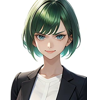 angry,angryface,big bangs,beautiful bangs,green hair,Emerald hair,short hair,short hair,bright face,upper body up,chest up,business woman,intellectual,smile,jacket,white shirt , laughter,drooling eyes, alone,Flow of hair that extends to the face,Big light blue eyes shine charmingly,green one piece,eyeliner,Shining white skin,