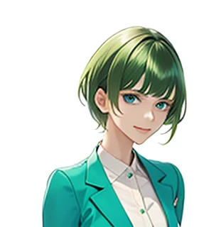 angry,angryface,big bangs,beautiful bangs,green hair,Emerald hair,short hair,short hair,bright face,upper body up,chest up,business woman,intellectual,smile,jacket,white shirt , laughter,drooling eyes, alone,Flow of hair that extends to the face,Big light blue eyes shine charmingly,green one piece,eyeliner,Shining white skin,