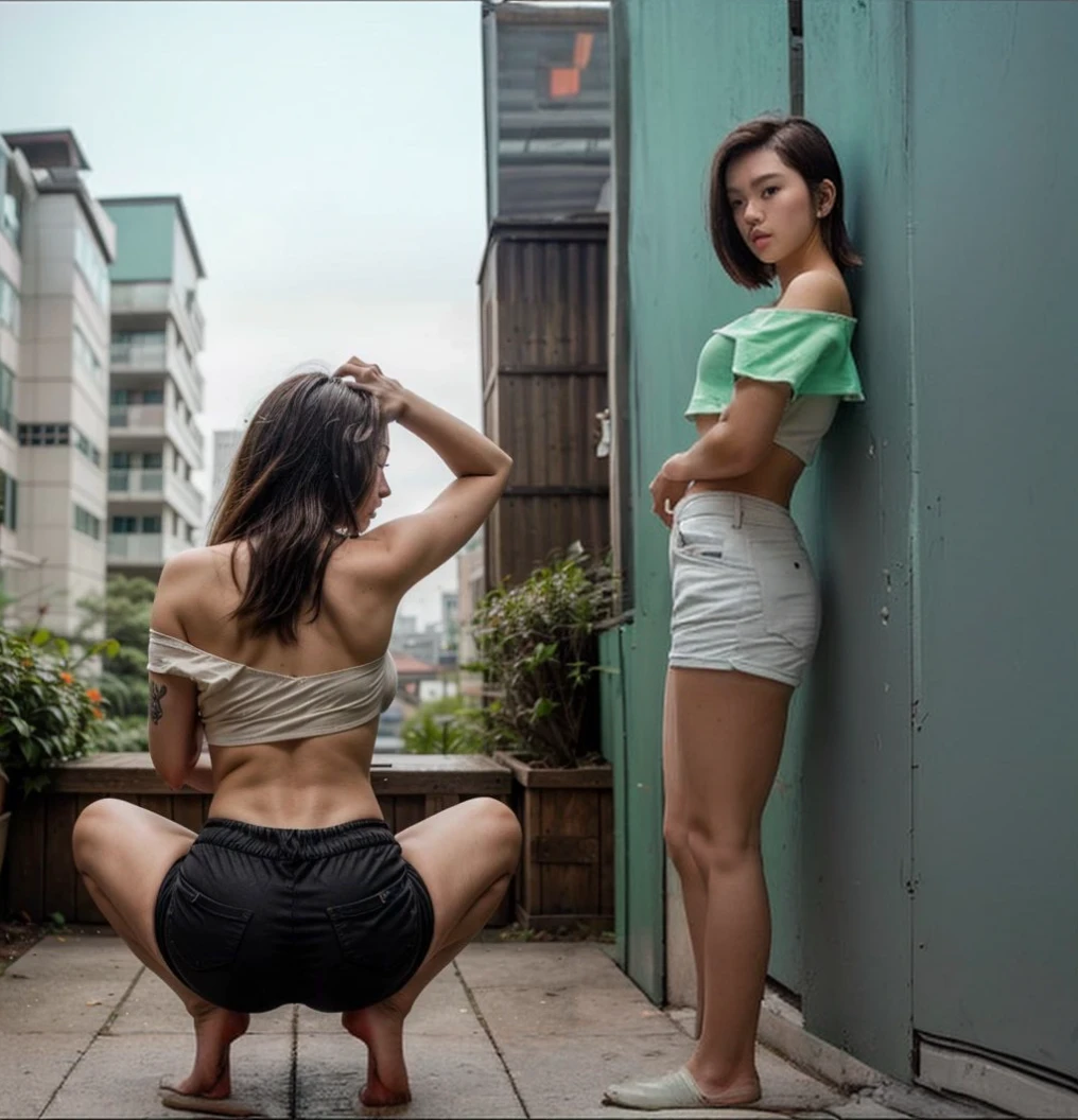 ((best quality)), ((masterpiece)), (detailed), 2 person,  a 17 year old korean girl ,  wave bob hair, 1girl, off-shoulder crop top, wearing short pants, firefly tatto on low back, squat pose with legs spread apart, back view photo, shooting from back, A 30 year old male, hair undercut, athletic body, only wearing shorts pant, the man standing in the corner, eyes focused on the girl,