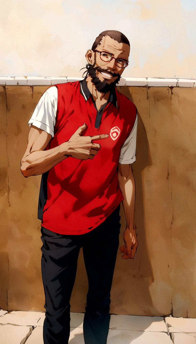 skinny man with a beard, smiling, with wall in the background