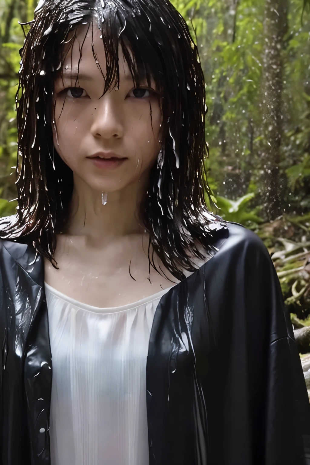 Best Image Quality, masterpiece, Ultra high resolution, (loyalty :1.4), Skinny Japanese woman, 1 girl, detailed face, detailed eyes, correct human body structure, dim, Dark, Tears, Tearsdrop, (White shirt), (wet soaked clothes sticking to the body:1.4), bare shoulders, wet hair, torrential rain, in the deep forest, 