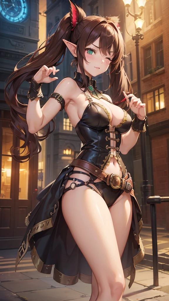 "((short steampunk corse)),((Mexicana peliroja, white skin)),((Twintail)),(1solo),(1 girl view),full_body, 1 girl view,female, young, , (long hair), ((red-light brown hair)), snowflakesdetailed cute anime face, ((pointy_ears, seductive pose, flirty with one eye closed)), (((medium_breasts, firm breasts))), (green-brown ligth eyes), random angle)":(all realistic intricate details)