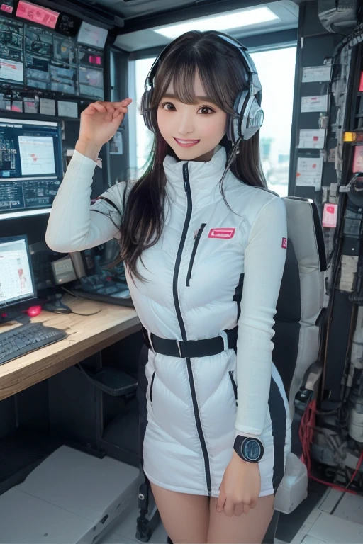 masterpiece, Highest quality, Very detailed, 8K Portrait,Japanese Android Girl,plump , Control panel,Robotic arms and legs, Blunt bangs,,break (Metallic Gray, Metallic luster, Mirror finish, Astro Best):5,headphone:5,break (Black sleeves):100,Smart Watches,Futuristic space station,Control Room,break headphone,blue eyes,(Black Hair):2,(Long Hair):1.3,Displaying the viewer,(respirator),break blush:3,Hidden Hand,smile