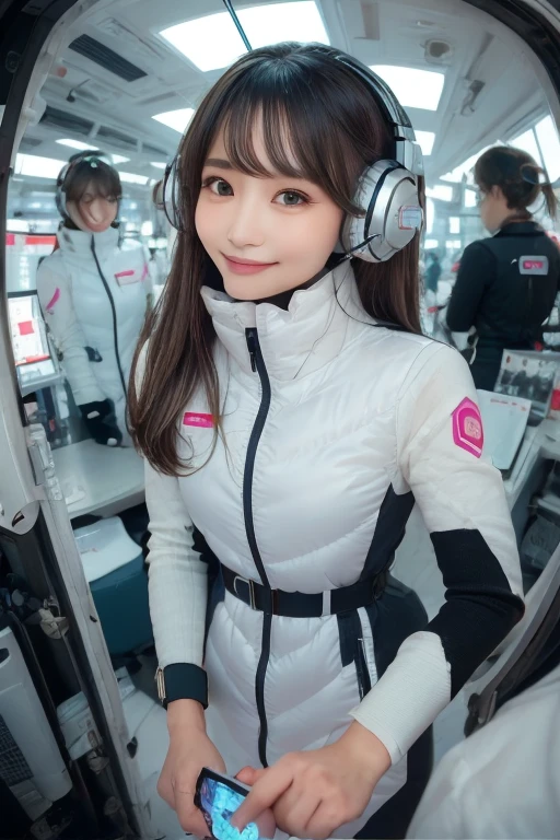 masterpiece, Highest quality, Very detailed, 8K Portrait,Japanese Android Girl,plump , Control panel,Robotic arms and legs, Blunt bangs,,break (Metallic Gray, Metallic luster, Mirror finish, Astro Best):5,headphone:5,break (Black sleeves):100,Smart Watches,Futuristic space station,Control Room,break headphone,blue eyes,(Black Hair):2,(Long Hair):1.3,Displaying the viewer,(respirator),break blush:3,Hidden Hand,smile