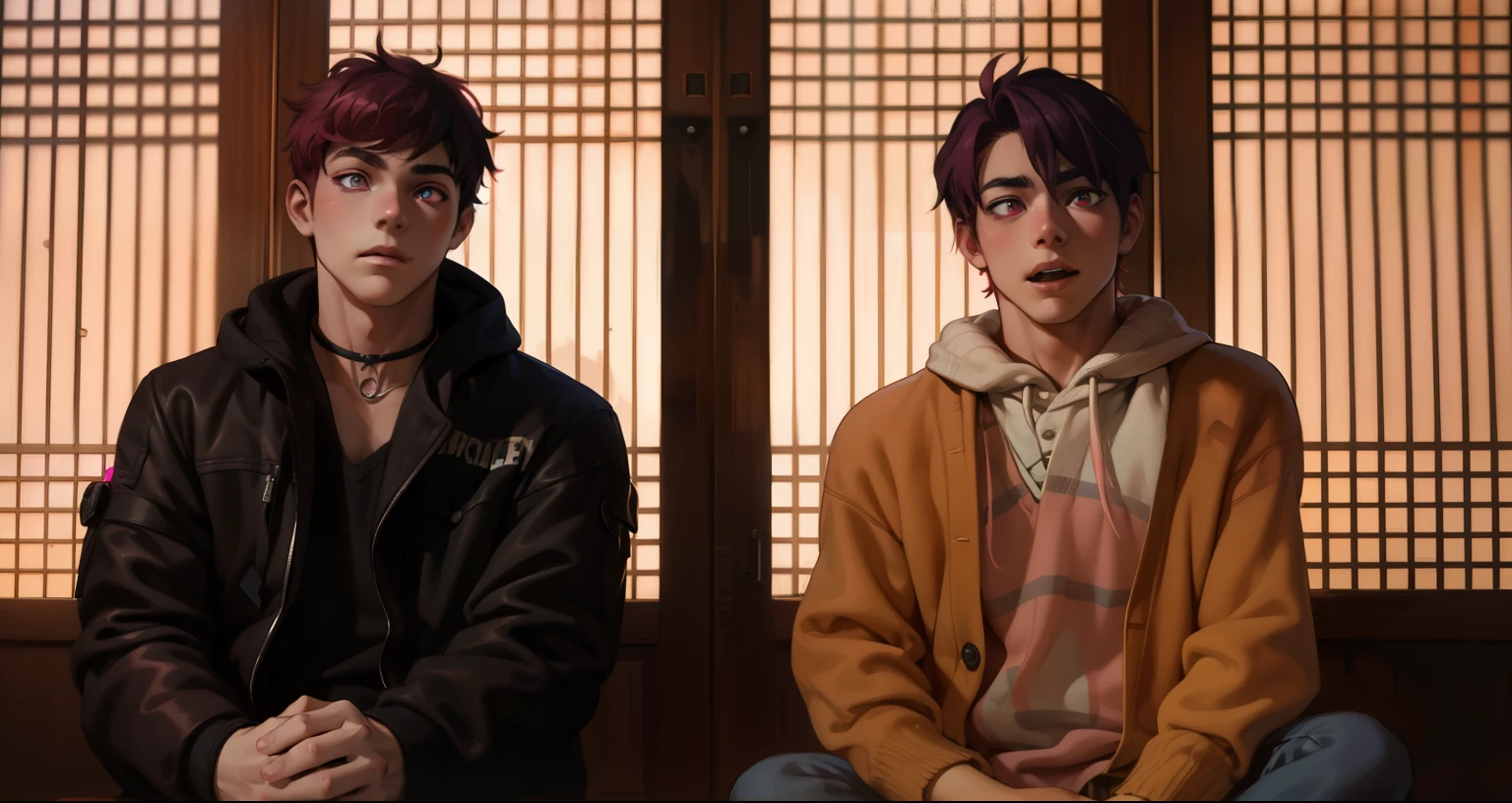 two boys with pink hair, pink eyes, are 18 years old.