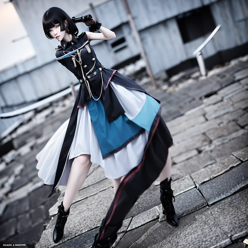 Cover for a book showing Elegant Girl with Pale Skin, Asian features and light blue eyes, a mole under his left eye on his cheek. He has short black hair that extends to his shoulders and his bangs reach his eyebrows.. wears black cyberpunk clothing, He also carries a sniper rifle while aiming., through the rifle scope you can see his beautiful eye)