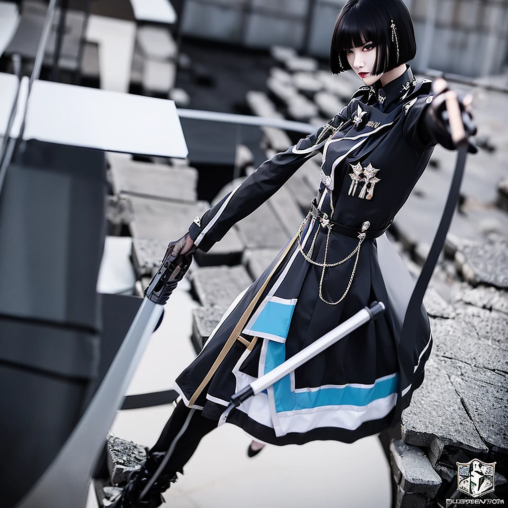 Cover for a book showing Elegant Girl with Pale Skin, Asian features and light blue eyes, a mole under his left eye on his cheek. He has short black hair that extends to his shoulders and his bangs reach his eyebrows.. wears black cyberpunk clothing, He also carries a sniper rifle while aiming., through the rifle scope you can see his beautiful eye)