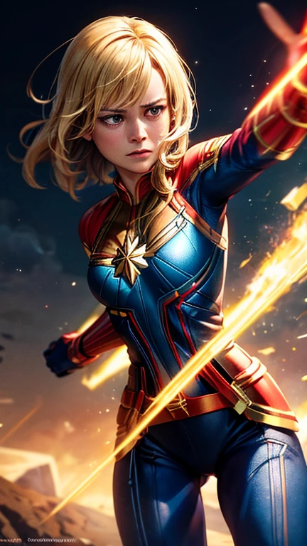 Captain Marvel(Brie Larson face), combat stance, highly detailed, vibrant appearance, creative behavior, extremly detailed, imaginative, sensual, spontaneous, small breasts, sexi, revealing, highest quality, skin texture, intricate details, (cinematic lighting), RAW photo, 8k, masterpiece,best quality,ultra-detailed,very detailed illustrations,extremely detailed,intricate details,highres,super complex details,extremely detailed 8k cg wallpaper,