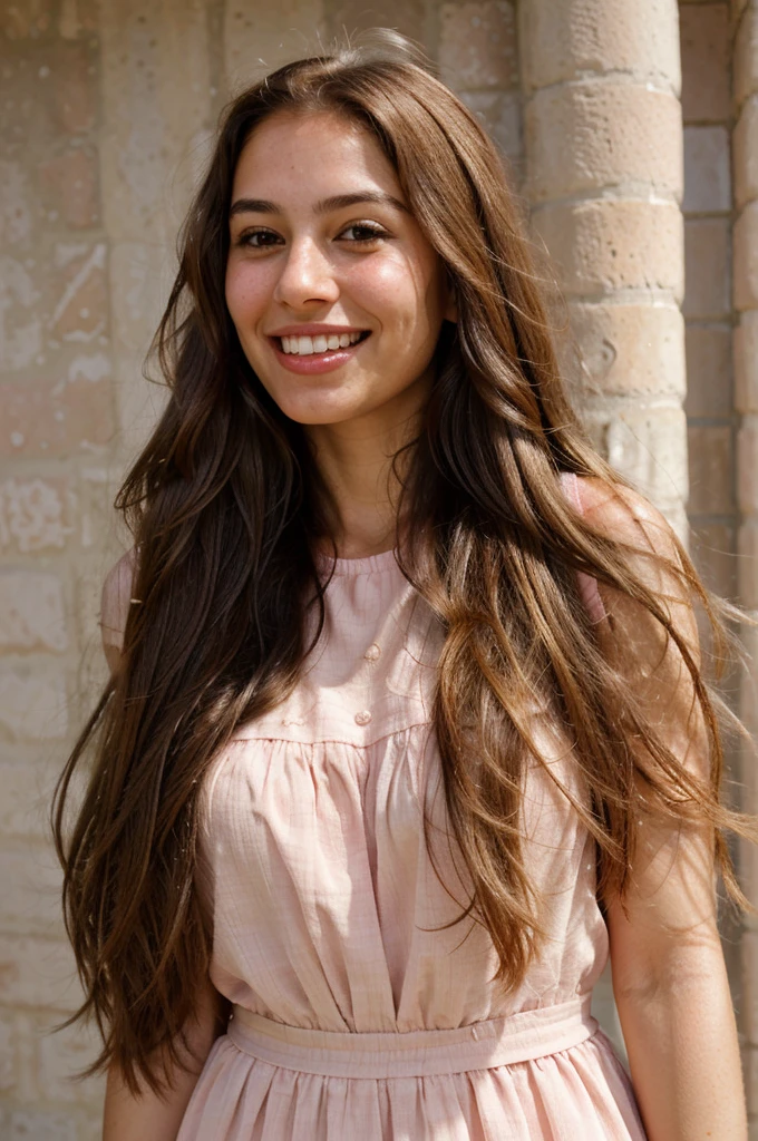 a photo-realistic portrait of a beautiful Palestinian woman with long brown hair, pink dress, white teeth, and a cute smile, with highly detailed and realistic facial features, modest expression, and realistic white skin tone