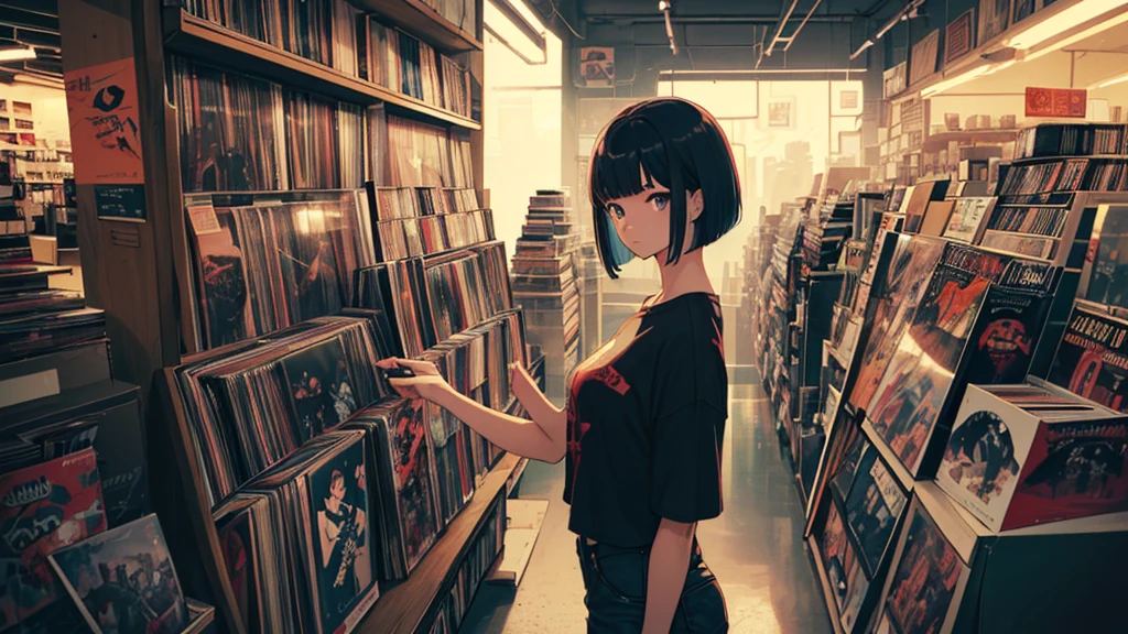 A very detailed beautiful woman, Perfect face,Black Hair, bob cut,Bangs, Gray eyes, Top of crop, Short sleeve, Super detailed, Retro Wave, Room, Depth of Field, Super detailed,(((Record store))), Nostalgia, panoramic, Long Shot, (((records on bookshelf.))), (((Various angles))), (((cyberpunk))), (((neon))),(((Front view))),(((night))), (((straight on))), (((Large windows))), (masterpiece, best quality, best quality, Official Art, beautiful and aesthetic: 1.2), Old anime texture,