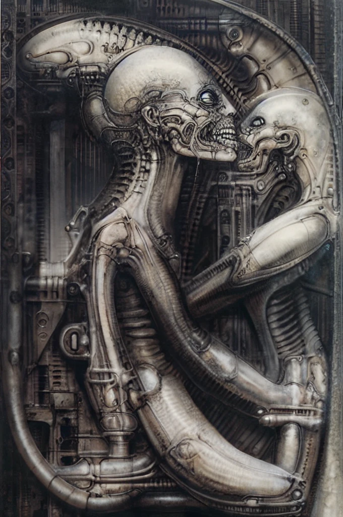 Giger_style, The image is a detailed view of H.R. Giger's \" Landscape XVI \" plate, featuring a complex network of bones and organs in a purple-brown hue ,swirling gray and brown colors. The artwork is silver and purplish brown, with an ivory bones prominently displayed. The image is highly detailed and intricate, almost like a 3d version of a medical sketch.
The piece is a tableau, most likely created with a India ink pen or pencil on paper, determined by the thin lines, shading techniques, and the texture of the paper, which is visible around the edges. Used is pen, given the shading and variations in line weight visible in the image. One have used a variety of pencils with different degrees of hardness to achieve the shading effects.

The style  is clearly biomechanical. Features combination of organic and mechanical forms. Mechanical elements dominate the composition, there are subtle organic hints. The use of undersaturated purple-grays dark contrasts creates a stark and graphic look. Is used a variety of linework techniques to create different textures. Fine, parallel lines create a smooth, metallic texture,while thicker, more cursive lines suggest cables or wires. Machines fills most, with its central cylindric structure acting as the focal point. Parallel lines emanating from this central structure used to create a sense of depth and movement. Being overwhelmingly mechanical, there are subtle suggestions of organic forms.

The art performance showcases the artist’s skills in observation and rendering. The level of detail in the piece suggests a close study of real bone specimens and anatomy. The artist has skillfully used shading techniques to create a convincing illusion of three-dimensionality on a flat surface.The wrinkles and cracks in the surface, and the cast shadows with accuracy, used shading techniques to create a realistic depiction of light and shadow on the objects. This creates a sense of depth and dimension in the image