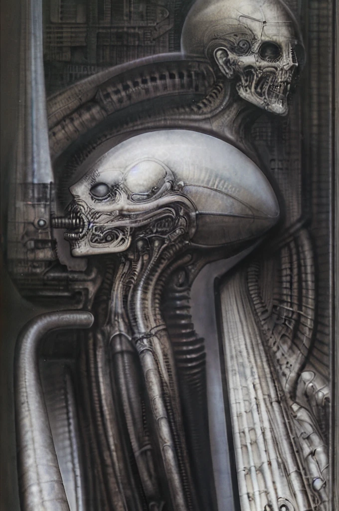 Giger_style, The image is a detailed view of H.R. Giger's \" Landscape XVI \" plate, featuring a complex network of bones and organs in a purple-brown hue ,swirling gray and brown colors. The artwork is silver and purplish brown, with an ivory bones prominently displayed. The image is highly detailed and intricate, almost like a 3d version of a medical sketch.
The piece is a tableau, most likely created with a India ink pen or pencil on paper, determined by the thin lines, shading techniques, and the texture of the paper, which is visible around the edges. Used is pen, given the shading and variations in line weight visible in the image. One have used a variety of pencils with different degrees of hardness to achieve the shading effects.

The style  is clearly biomechanical. Features combination of organic and mechanical forms. Mechanical elements dominate the composition, there are subtle organic hints. The use of undersaturated purple-grays dark contrasts creates a stark and graphic look. Is used a variety of linework techniques to create different textures. Fine, parallel lines create a smooth, metallic texture,while thicker, more cursive lines suggest cables or wires. Machines fills most, with its central cylindric structure acting as the focal point. Parallel lines emanating from this central structure used to create a sense of depth and movement. Being overwhelmingly mechanical, there are subtle suggestions of organic forms.

The art performance showcases the artist’s skills in observation and rendering. The level of detail in the piece suggests a close study of real bone specimens and anatomy. The artist has skillfully used shading techniques to create a convincing illusion of three-dimensionality on a flat surface.The wrinkles and cracks in the surface, and the cast shadows with accuracy, used shading techniques to create a realistic depiction of light and shadow on the objects. This creates a sense of depth and dimension in the image