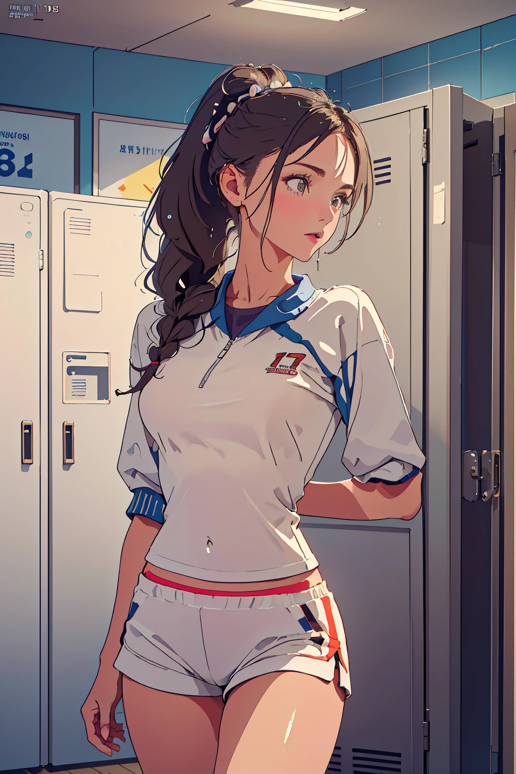 locker room,track suit,(Thin type:1.5),(large breasts),(random hairstyle),(Highest image quality,(8K), Ultra-realistic, Best Quality, High quality, High Definition, high quality texture, high detailing, Beautiful detailed, fine detailed, extremely details CG, Detailed texture, realistic representation of face, masterpiece, presence)