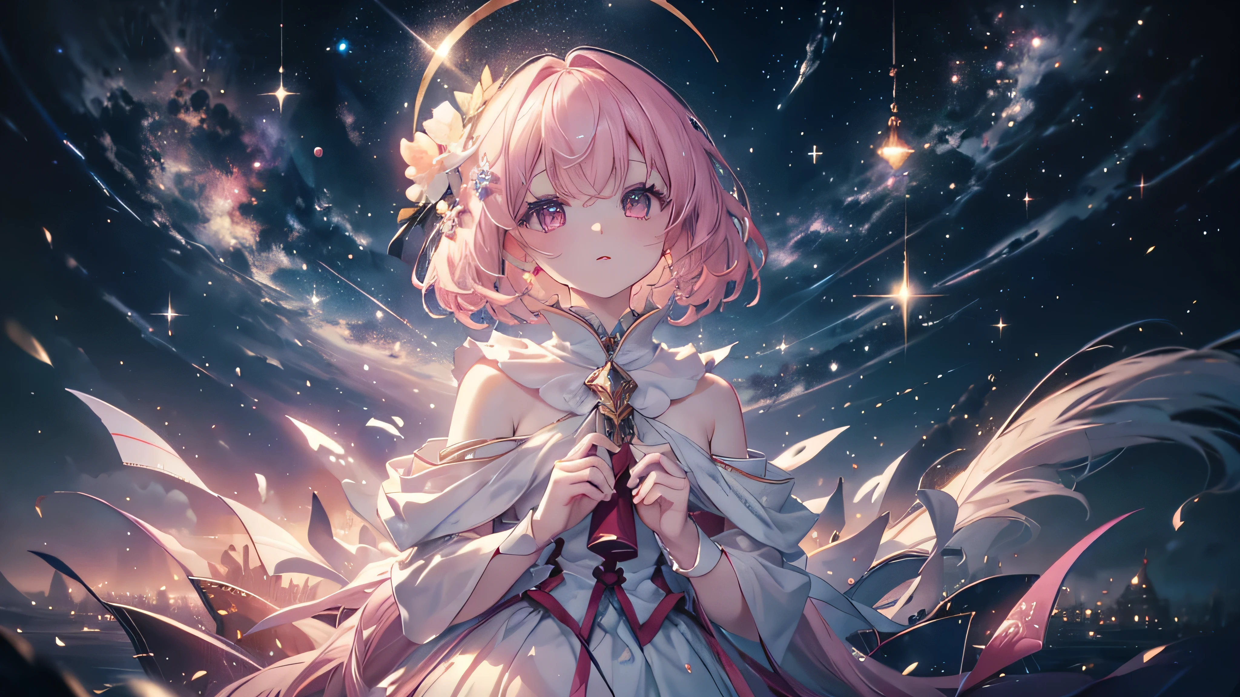 (((Highest quality、masterpiece、Ultra-fine、Ultra-fine、Exquisite、16K、Full HD,high school girl,))) 、 (((Looking up)))) 、Dark Eyes、Long eyelashes、White skin、(Pale pink lips、Pale pink cheeks、thin and long)、 ((cute)) ((One person)) 、 、Wide Shot、Space galaxy background、(A magnificent composition、epic proportion)、Dynamic lighting、