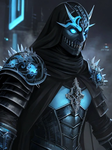 (extremely detailed 8k wallpaper), a medium shot photo of scary Grim dressed as a light blue masked frozen supervillain in an armour made of blue glowing wires from marvel, theme, intricate, high detail, dramatic, old scary building with ice spikes in the background