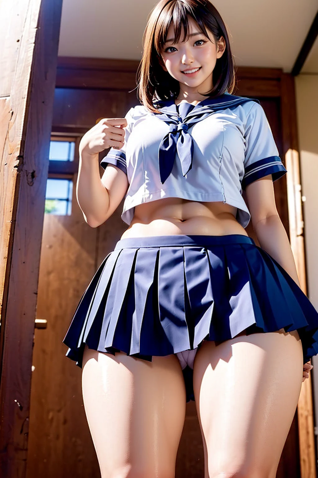 (masterpiece,Highest quality,High resolution,Realistic:1.2),(1girl:1.5), (The high school girl is wearing a short-sleeved white sailor uniform and a short, plaid pleated skirt., White panties slightly exposed:1.2),(Smiling with teeth showing:1.3),(Bobcut, Black Hair:1.3),(Reduce exposed skin,Belly not exposed:1.2),(Cowboy Shot:1.5),(16 year old Japanese female:1.2),(The clothing size fits perfectly:1.2),(School corridor:1.3), (Camel Toe:1.3), (Thick thighs:1.2), (A is a view from below:1.4)
