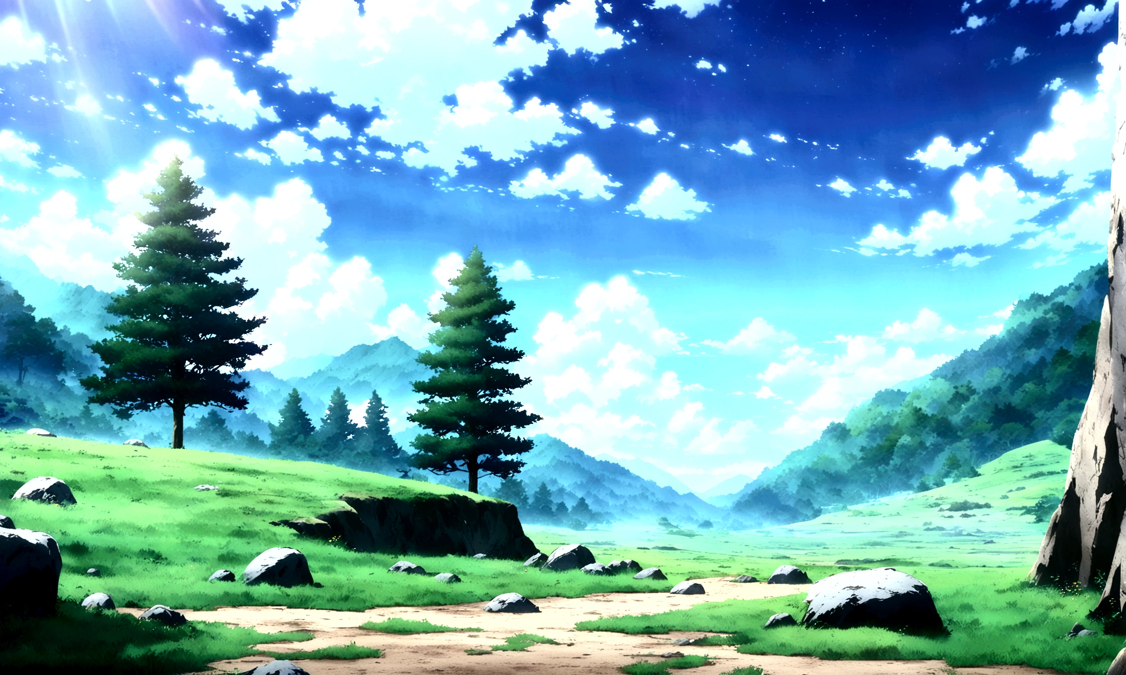 anime - style painting of a tree in a grassy field with rocks, anime countryside landscape, anime landscape, anime landscape wallpaper, anime background art, beautiful anime scenery, anime background, anime beautiful peace scene, anime scenery, anime movie background, anime nature, anime scenery concept art, colorful anime movie background, beautiful anime scene, anime scene, beautiful landscape background