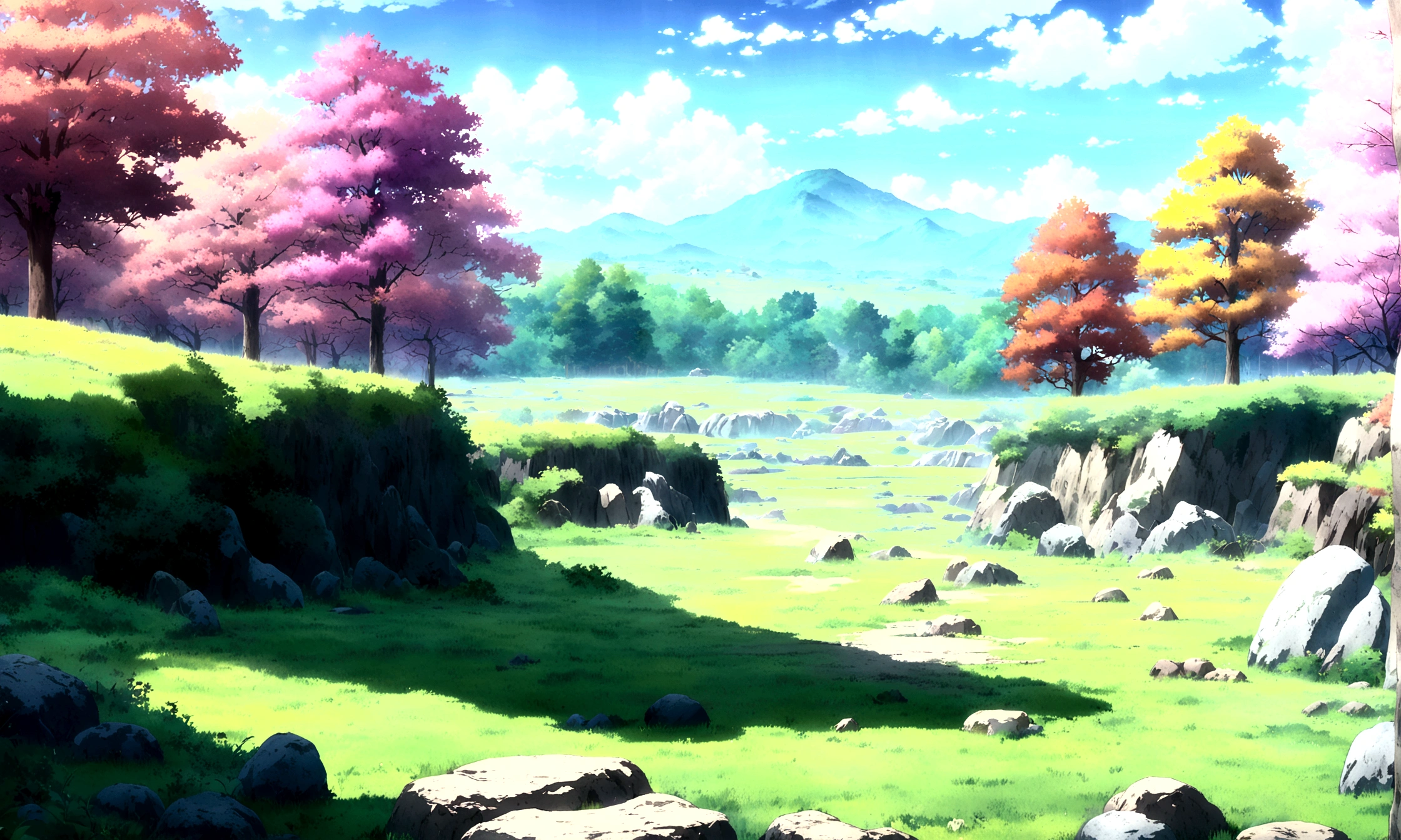 anime - style painting of a tree in a grassy field with rocks, anime countryside landscape, anime landscape, anime landscape wallpaper, anime background art, beautiful anime scenery, anime background, anime beautiful peace scene, anime scenery, anime movie background, anime nature, anime scenery concept art, colorful anime movie background, beautiful anime scene, anime scene, beautiful landscape background