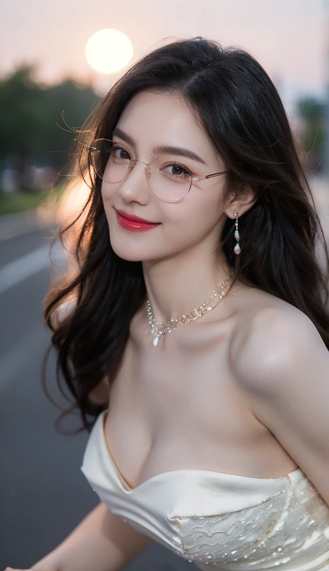 (Canon RF85mm f/1.2), (8K, RAW photos, best quality), (masterpiece), (actual, photograph actual), (Very detailed, High Detail, Best image quality, Super detailed, high resolution, Very detailed, Very detailed的描述, Ultra-fine, Extremely exquisite and beautiful work), Beautiful and delicate girl, Solo Girl, ((Perfect body)), Very detailed eyes and face, White skin, Noble beauty, ((The skin texture is delicate, Pores)), Perfect anatomical structure, Beautiful body, Delicate face, Slim abs, Slim waist), Big Ass, (Large Breasts, Breast enlargement), (Cleavage), (affectionate gaze, soulful eyes, Glowing eyes), (beautiful and clear eyes), (Bounce Curly Messy Long Hair), (Smile:1.2), (fascinated expression), (Attractive appearance), ((Cardigan，Strapless wedding dress)), ((Tight)), ((bud)), ((wear glasses)), earrings, necklace, ((night)), ((Street View, moonlight)), Physically Based Rendering, Realistic lighting, (((Upper Body))), ((looking at the audience)), ((Everlasting)), ((Happy and shy))